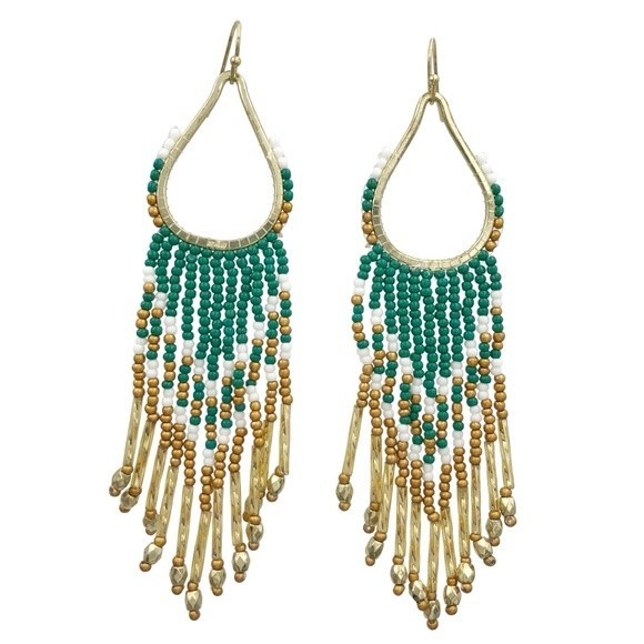 Green White Gold Seed Bead Long Tassel Handmade Statement Dangle Earrings - Picture 1 of 3